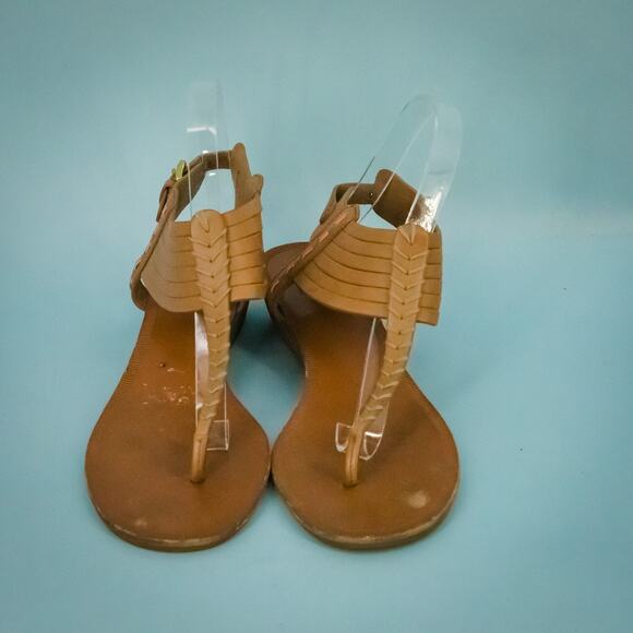 Coach Size 8 Brown Tan Leather Orange Ankle Strap Buckle Thong Flip Flop Sandals - Picture 2 of 7
